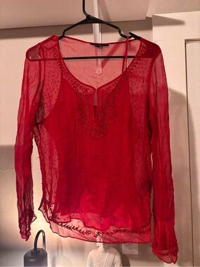 ECI Red Sheer Embroidered Long-Sleeve Blouse